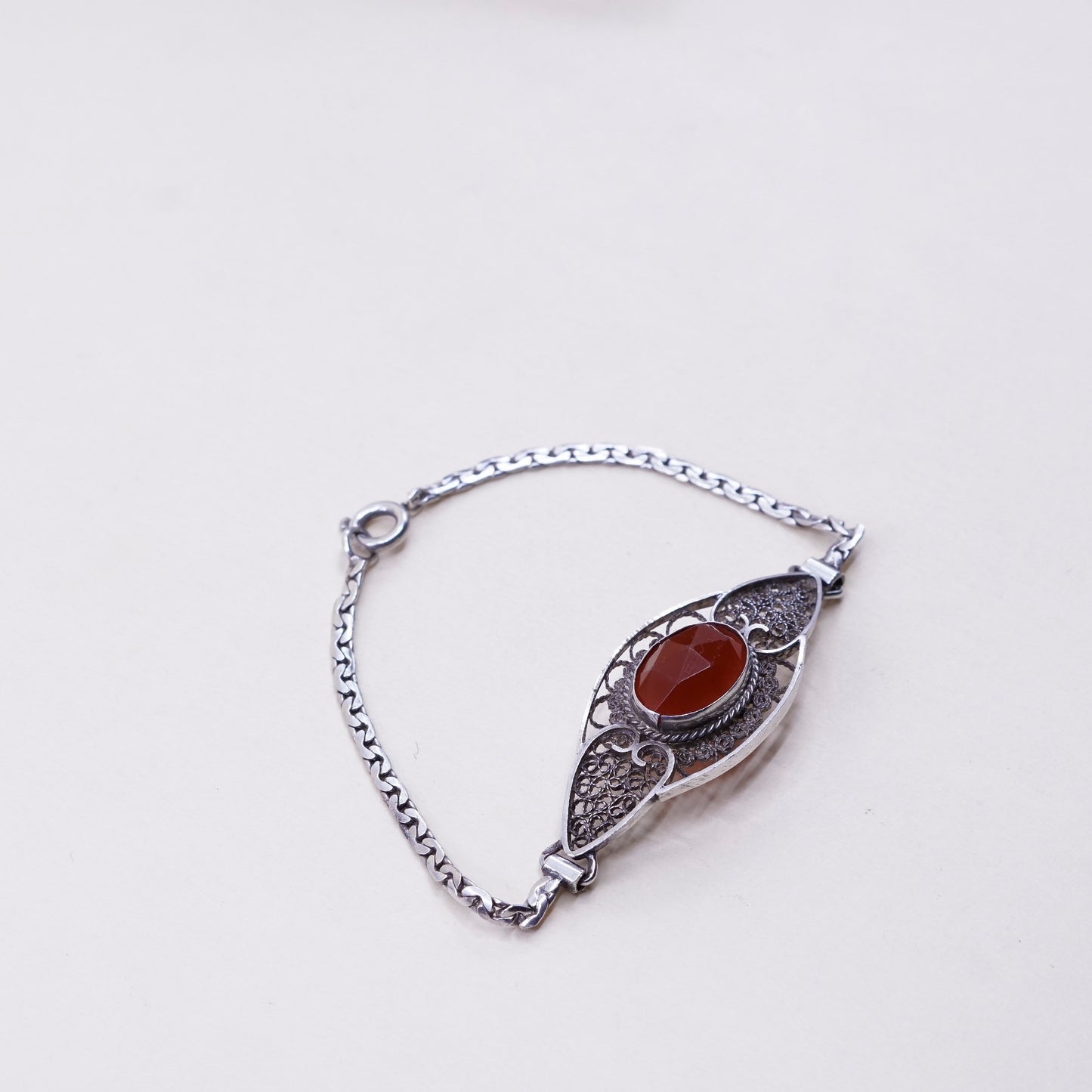 7”, Vintage Sterling silver handmade bracelet, 925 filigree with carnelian