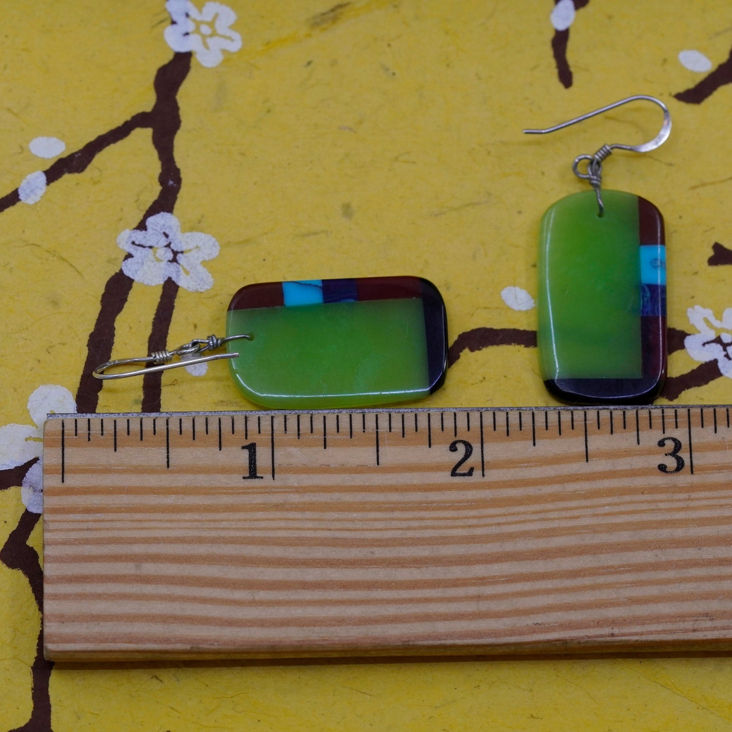 Vintage Sterling 925 silver handmade earrings green resin rectangular dangle