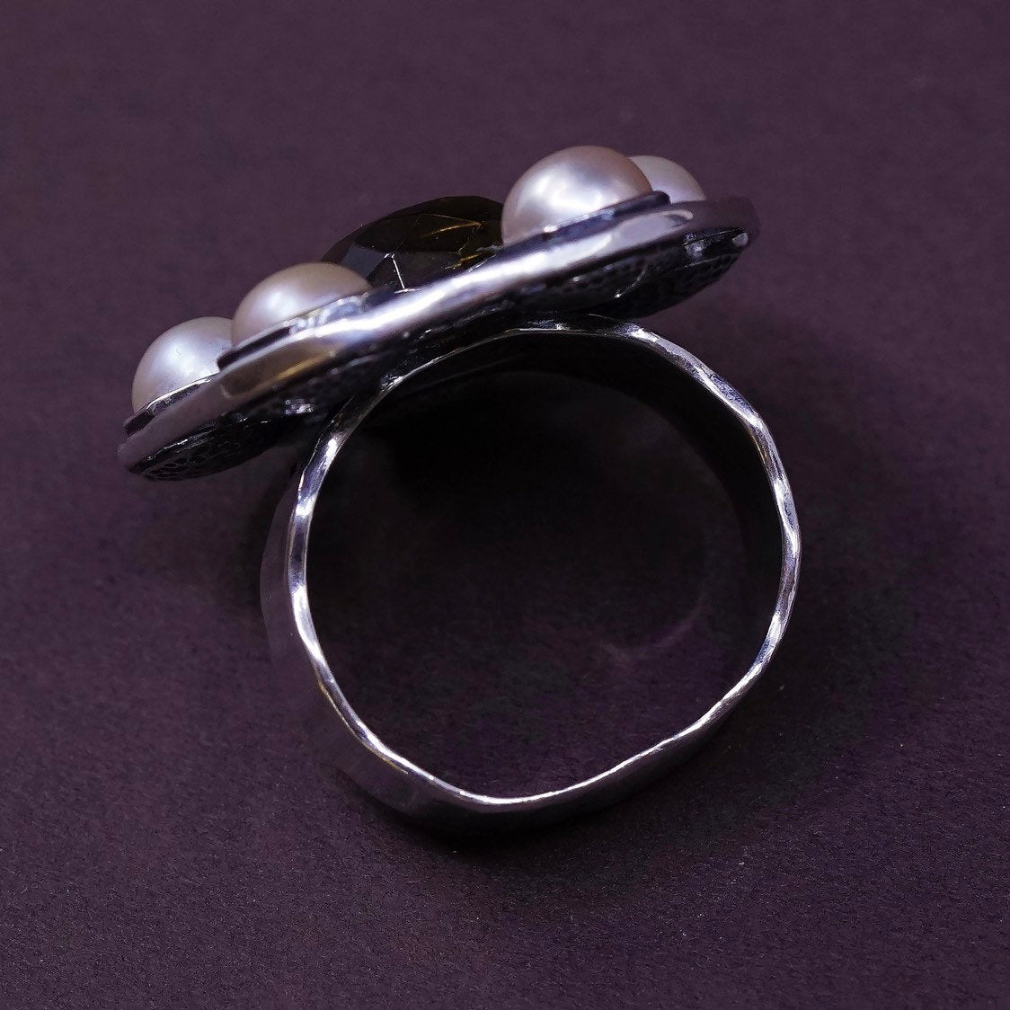 sz 9, JL Israel Sterling silver handmade ring, 925 flower w/ pear N smoky topaz