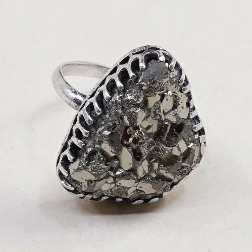 Sz 1.75, Vtg Sterling Silver Handmade Ring w/ Golden druzy quartz, Silver Tesyed