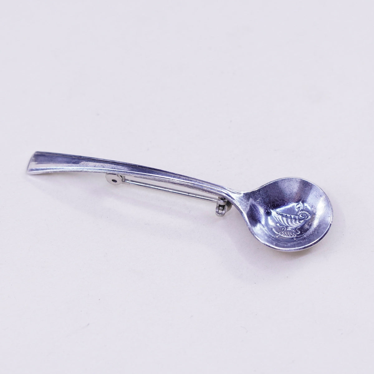 Vintage sterling silver handmade brooch, 925 spoon pin, stamped Sterling fine art