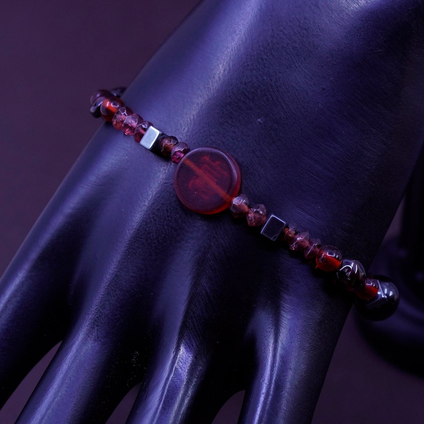 7.5”, Vintage Sterling 925 silver handmade bracelet, with ruby crystal garnet