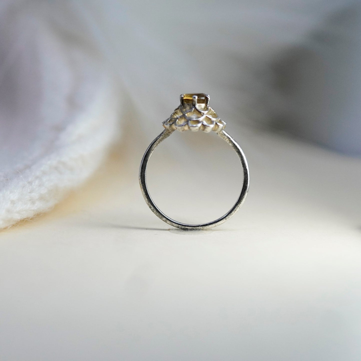 Size 10.25, vintage Sterling 925 silver handmade crown flower ring with citrine