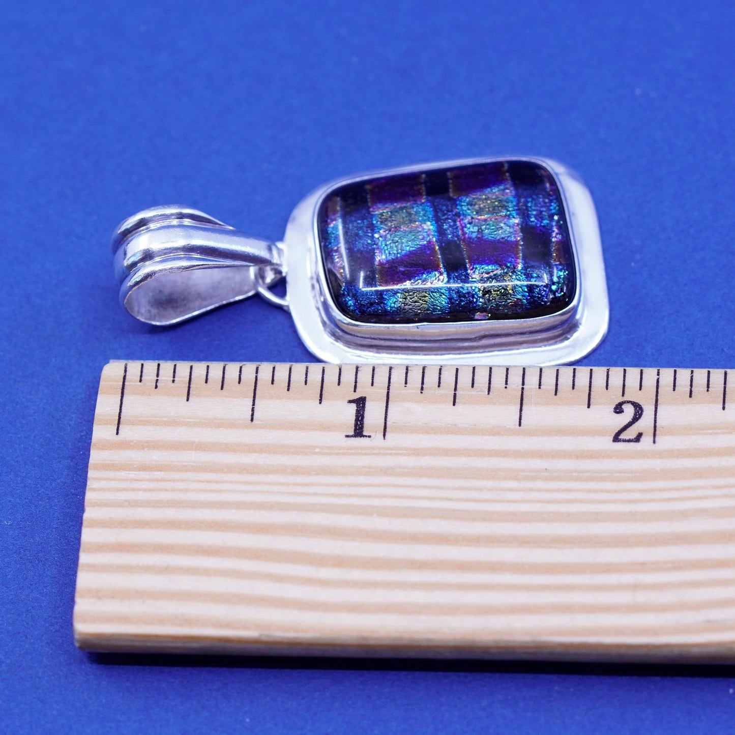 Vintage Mexico sterling 925 silver handmade pendant with blue dichroic glass