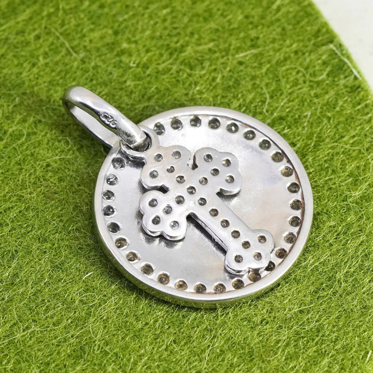 Vintage handmade Sterling silver pendant, 925 circle with cross “faith” and cz