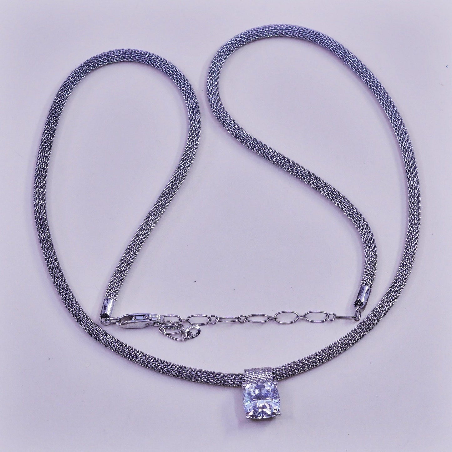 16”, vintage Italy Sterling silver necklace, 925 mesh chain with cz pendant