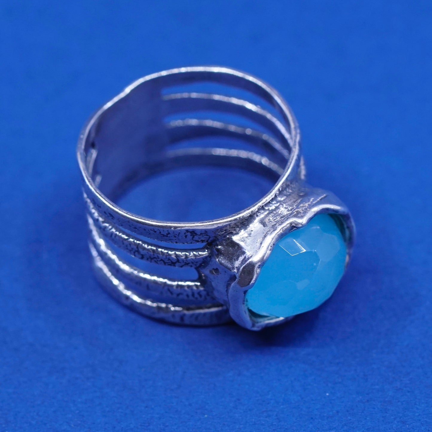 sz 9.5, vtg Israel sterling 925 silver handmade ring with aqua blue chalcedony