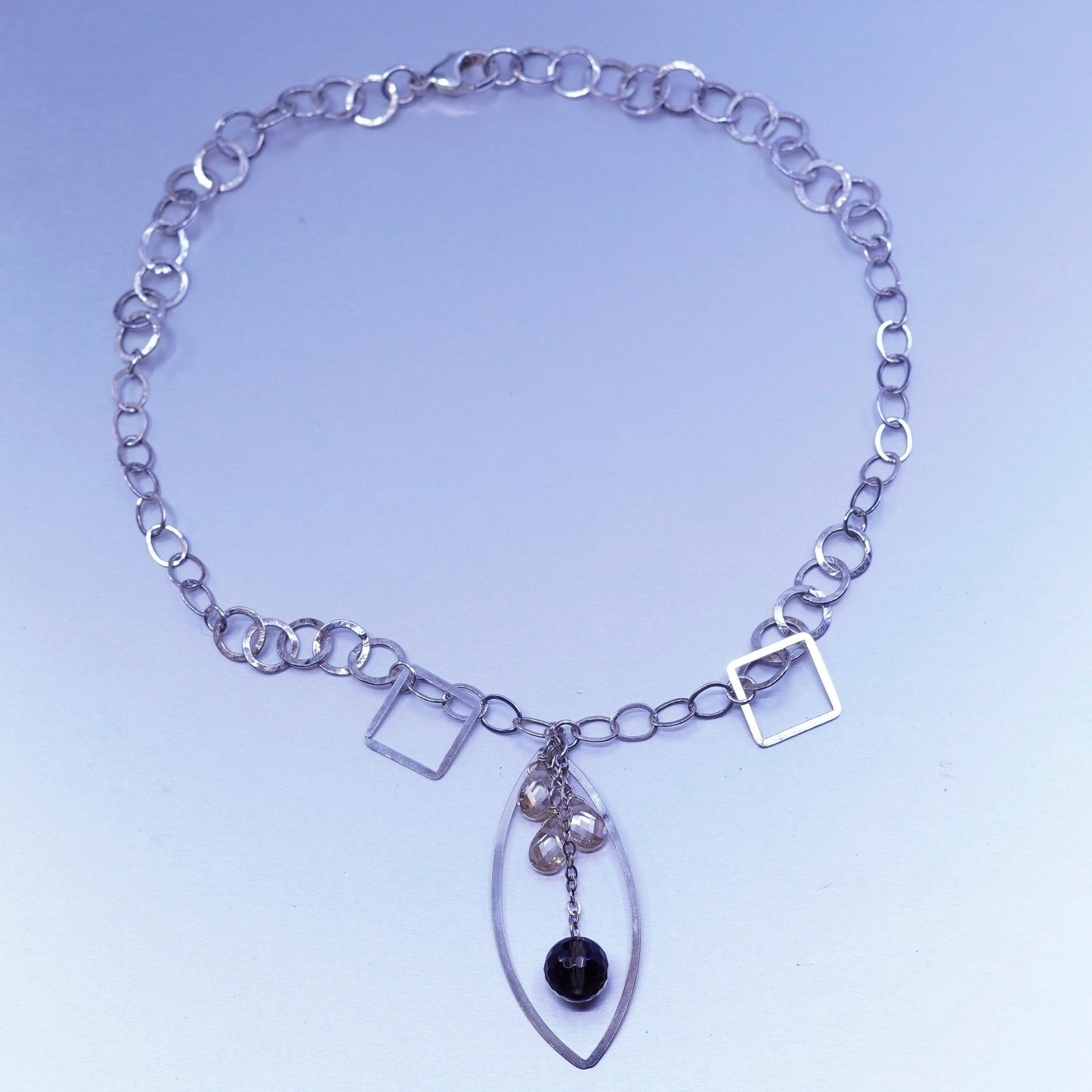 17”, Sterling 925 silver hammered bold circle necklace teardrop crystal bead
