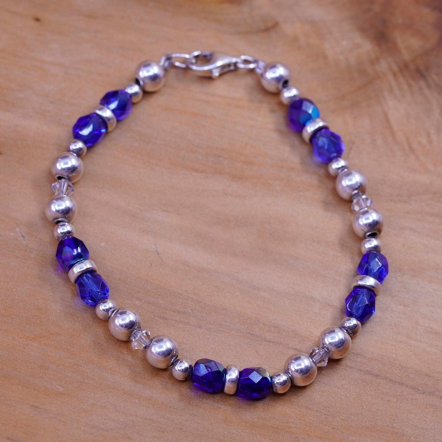 7.25”, vintage Sterling 925 silver beads bracelet with blue crystal