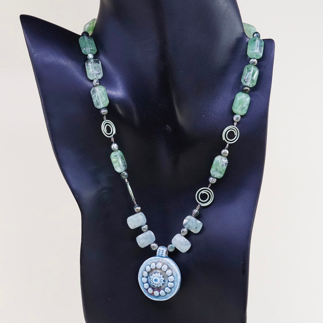 16+1.5”, Sterling silver necklace 925 circle chain w/ Jade beads N blue pottery