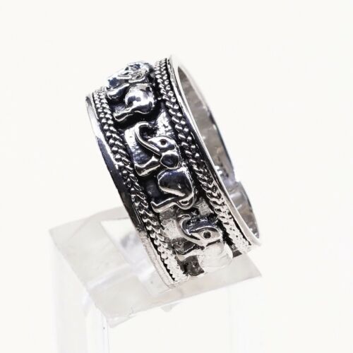 Sz 10, Vtg Sterling Silver Handmade Ring 925 Silver Band W/ Elephant Embossed