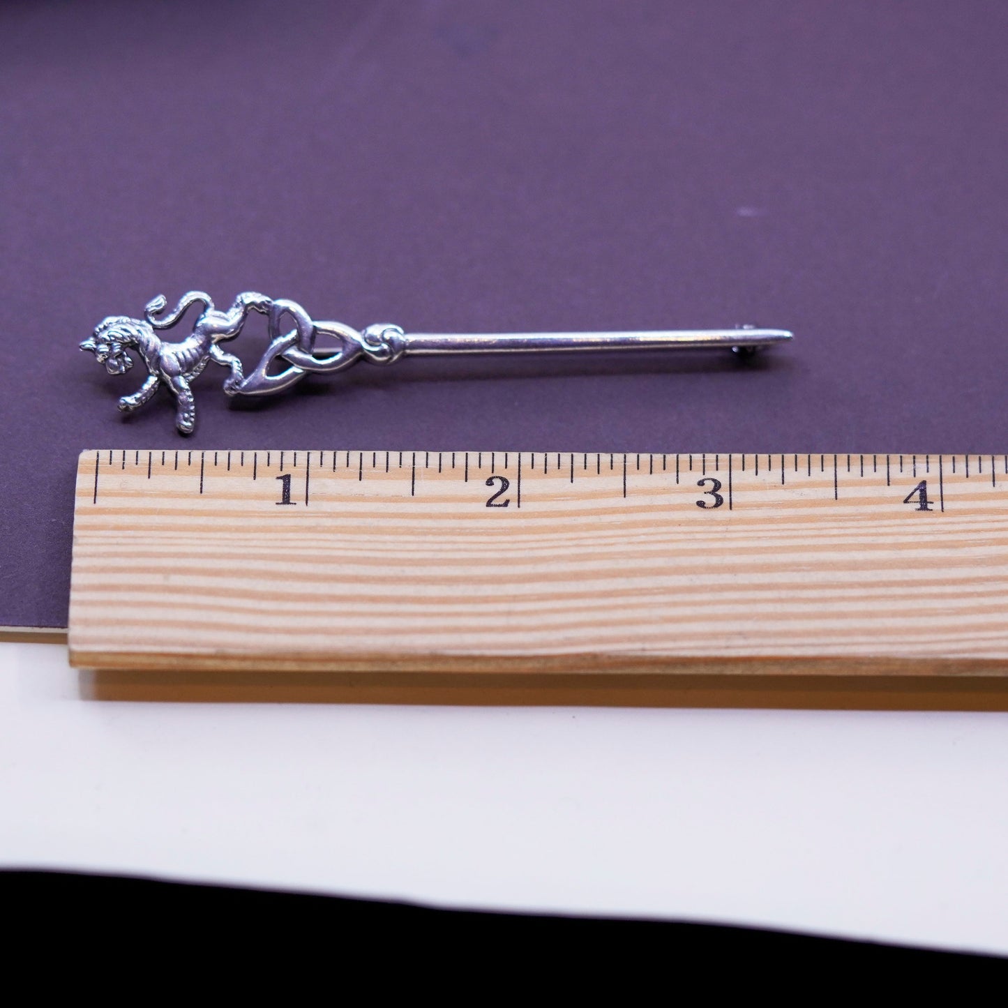 Vintage European handmade sterling 950 silver lion sword pin brooch