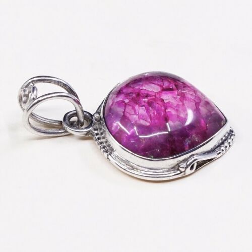 Vtg Sterling 925 Silver Handmade Filigree Pendant W/ Pink tourmilated quartz