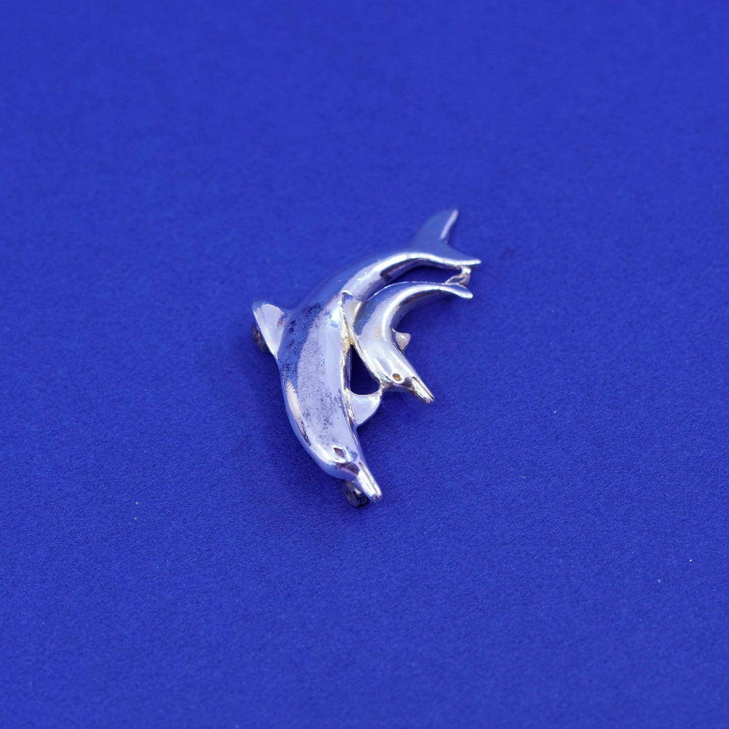 vintage Sterling 925 silver handmade brooch, mother baby dolphin pin