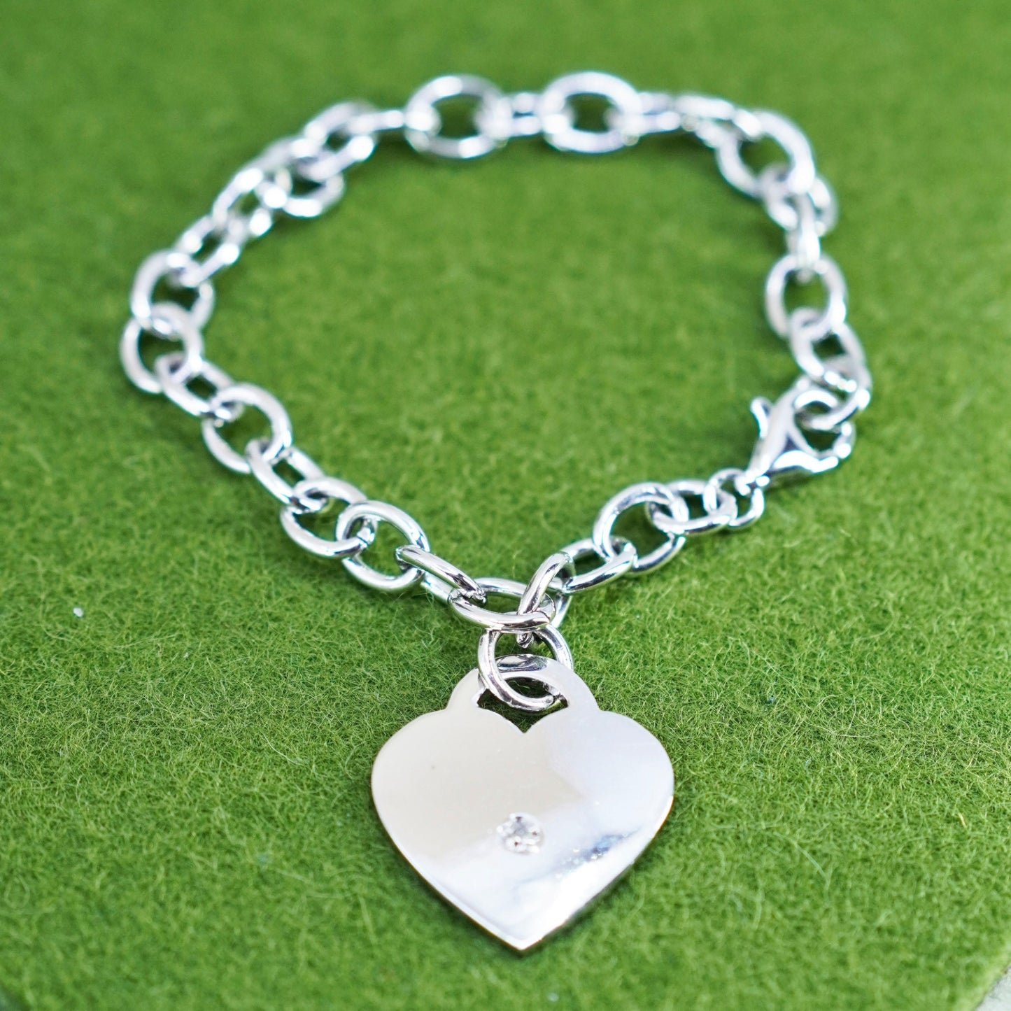 6.75”, sterling silver bracelet, bold 925 circle chain with heart charm diamond