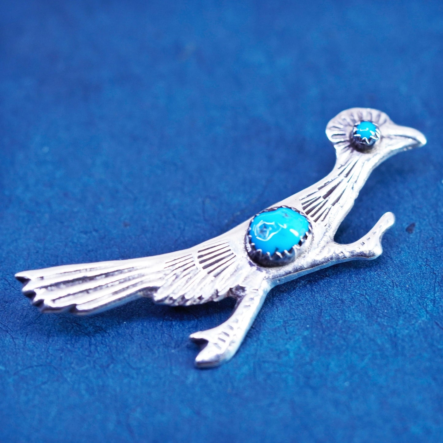 Native American Navajo sterling silver brooch turquoise 925 road runner bird