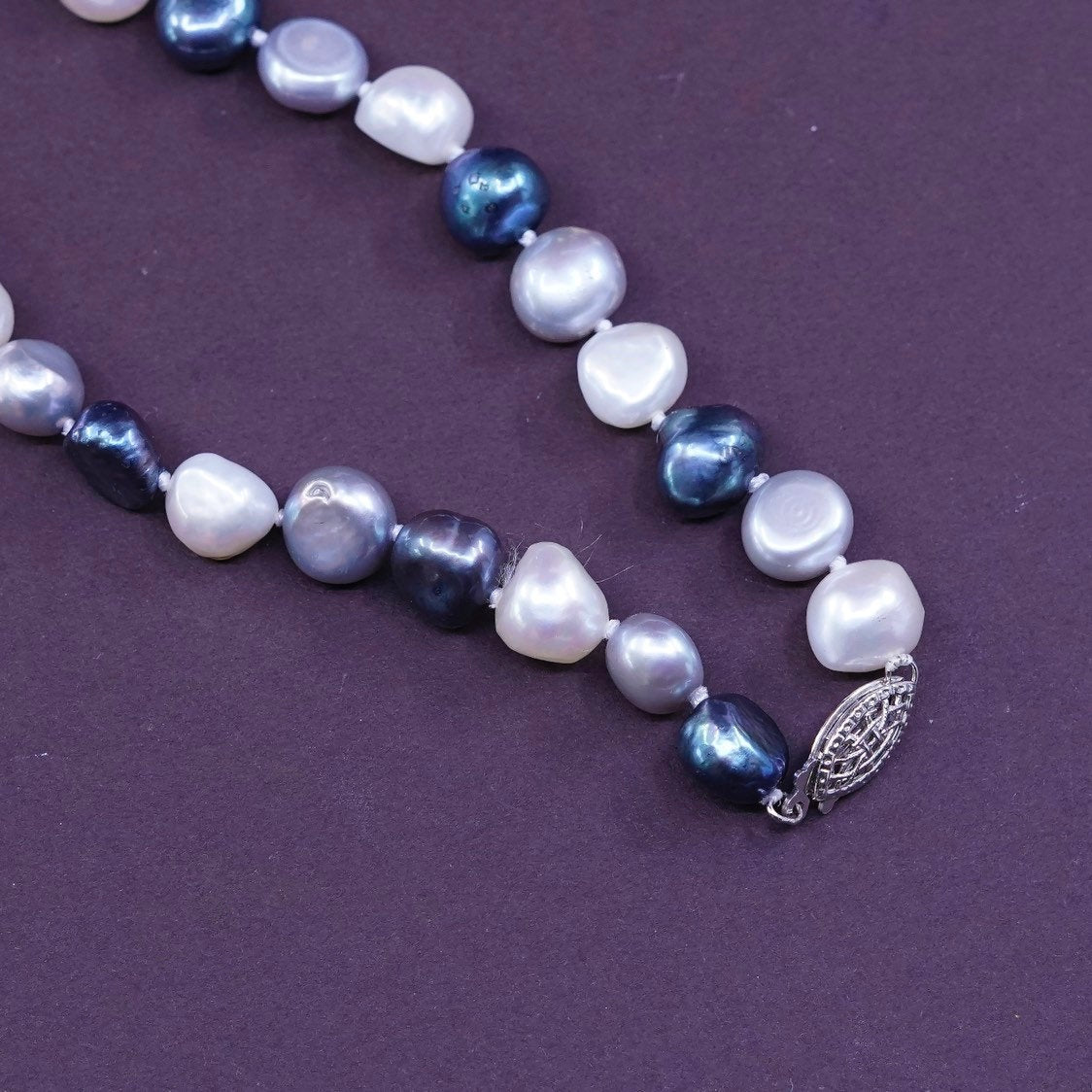 18", Sterling silver handmade necklace, 925 clasp w/ black white N gray pearl