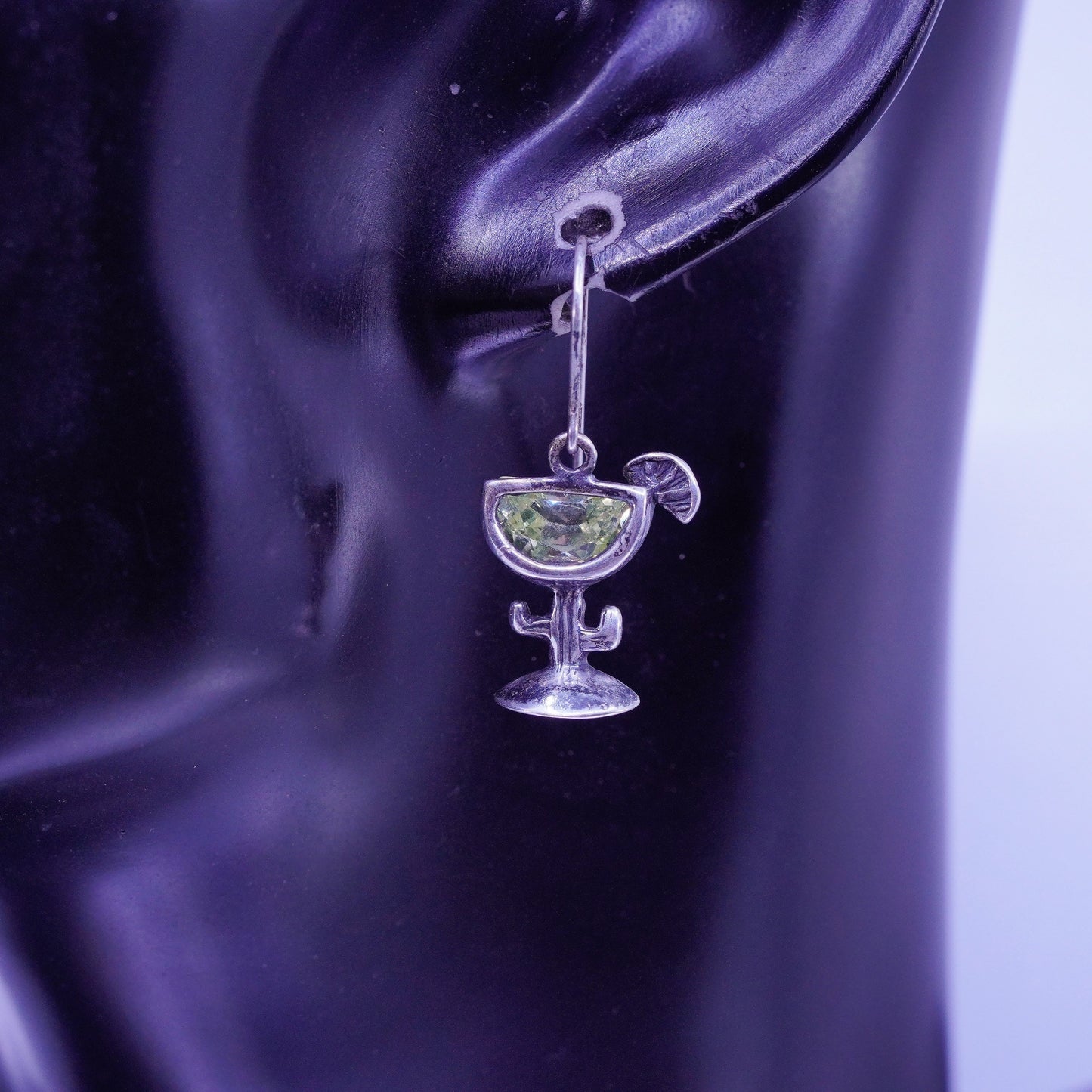Silpada Sterling 925 silver earrings with martini glass Green Cz Cubic Zirconia