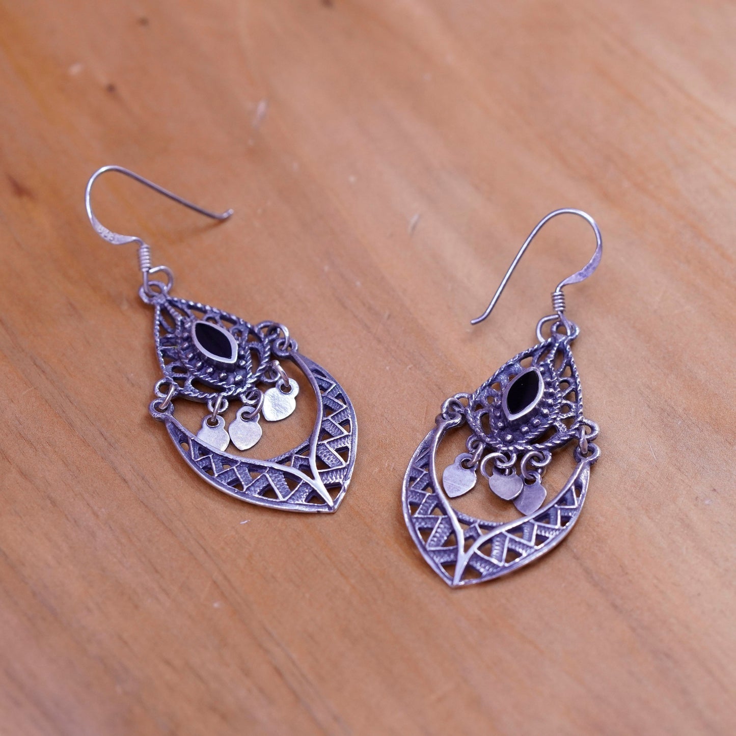 Vintage Sterling 925 silver handmade filigree earrings with obsidian