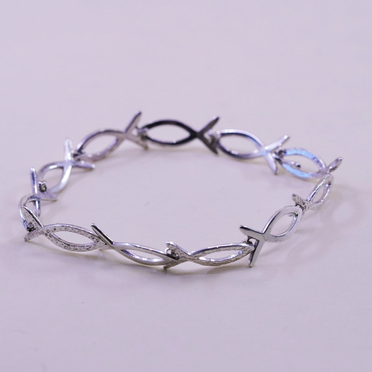 7.25”, Vintage sterling silver handmade bracelet, 925 fish link chain