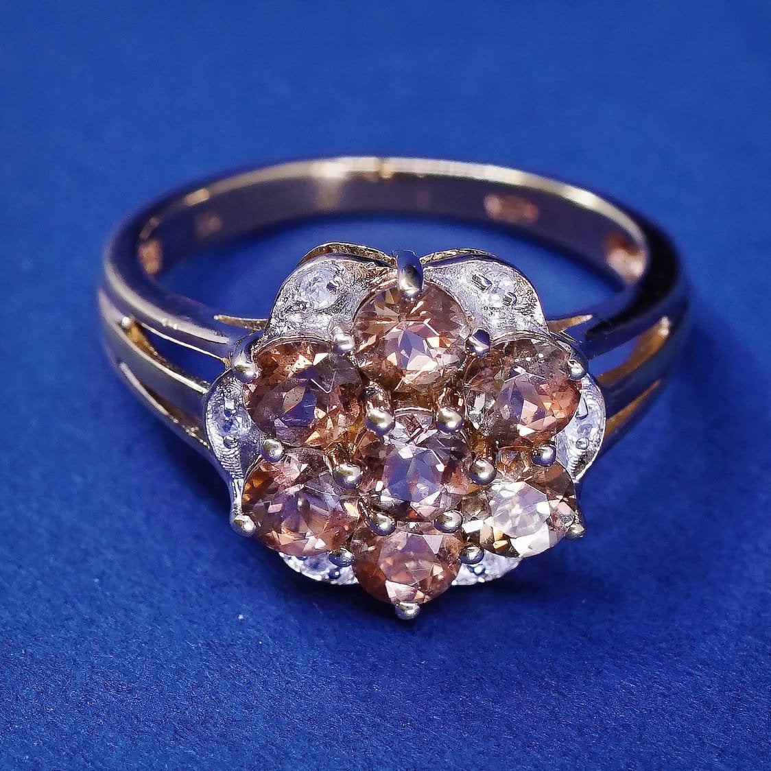 sz 7.25, vermeil gold sterling silver ring, 925 w/ orange topaz flower diamond