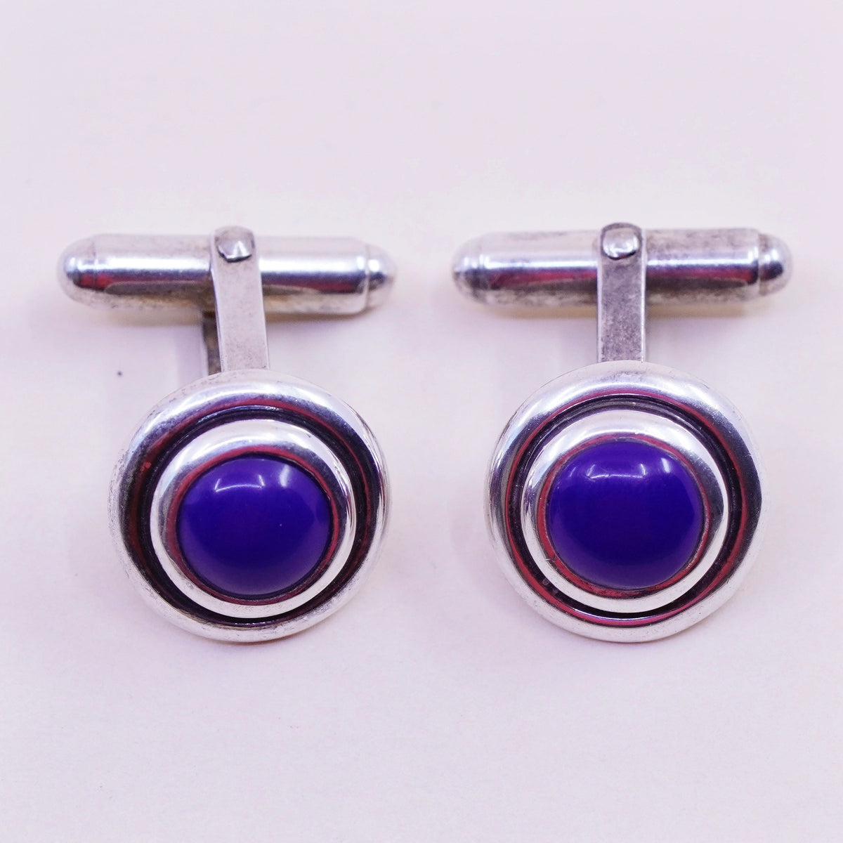 Vintage sterling silver handmade cuff link, 925 square cufflink with blue onyx