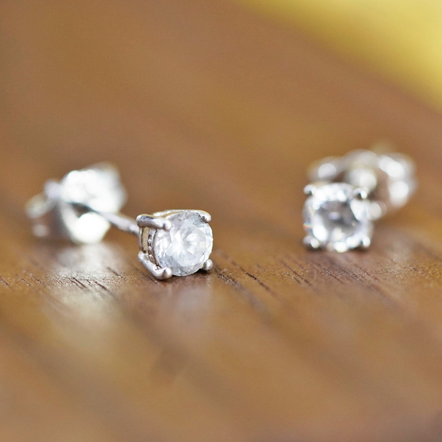 3mm, Vintage Sterling silver clear round crystal studs, cz earrings