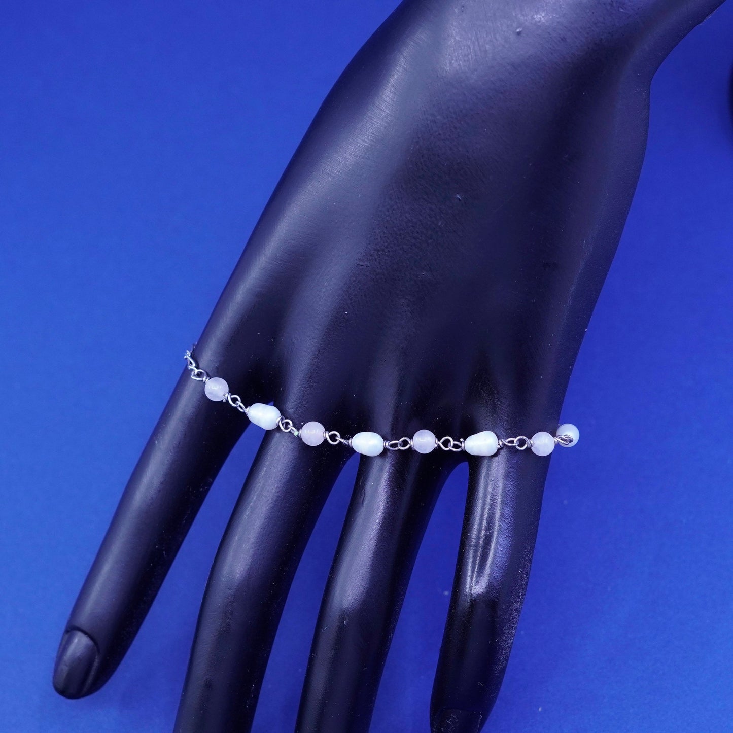 9”, Sterling silver handmade bracelet, 925 circle chain rose quart, pearl beads