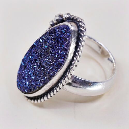 Sz 6, Vtg Sterling 925 Silver Handmade Ring w/ Obsidian Blue Druzy, Stamped