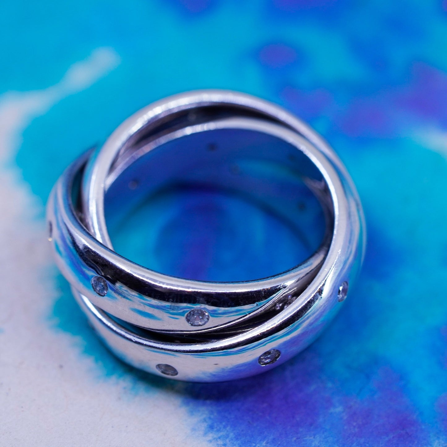 Size 6, vintage Mexico Sterling silver handmade ring, 925 entwined band with cz