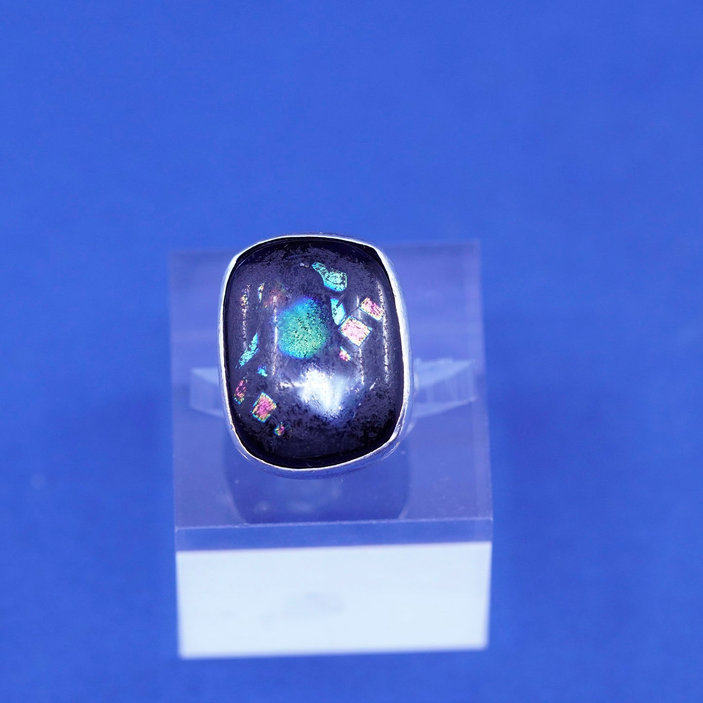 Size 4, vintage Sterling 925 silver handmade ring with foiled glass