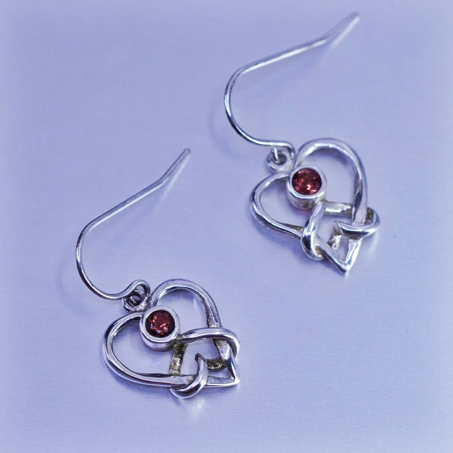 Vintage Sterling 925 silver earrings with heart knot and ruby