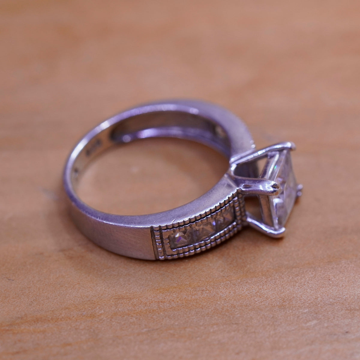Size 6.75, vintage Sterling 925 silver engagement ring with cluster cz