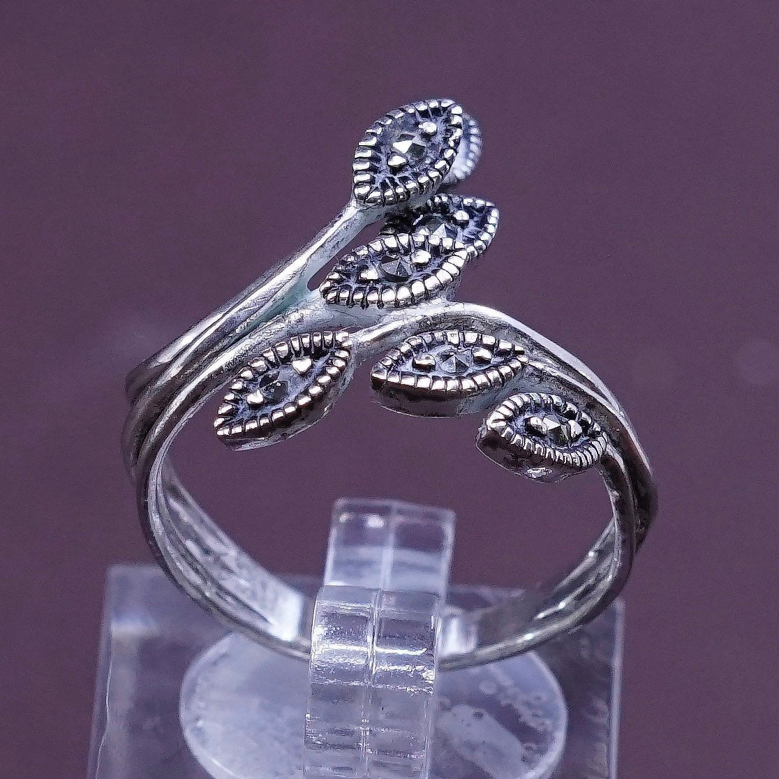 sz 6.75, vtg sterling silver handmade ring southwestern 925 leaves w/ marcasite