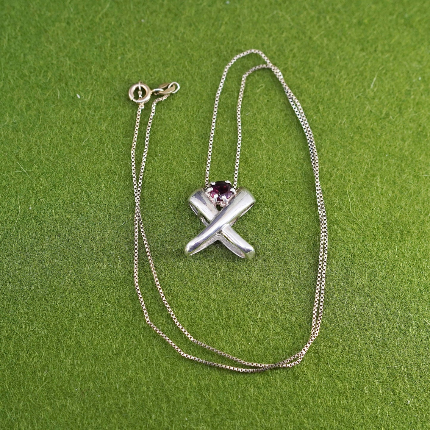19”, sterling silver handmade necklace, 925 box chain with ruby cross pendant