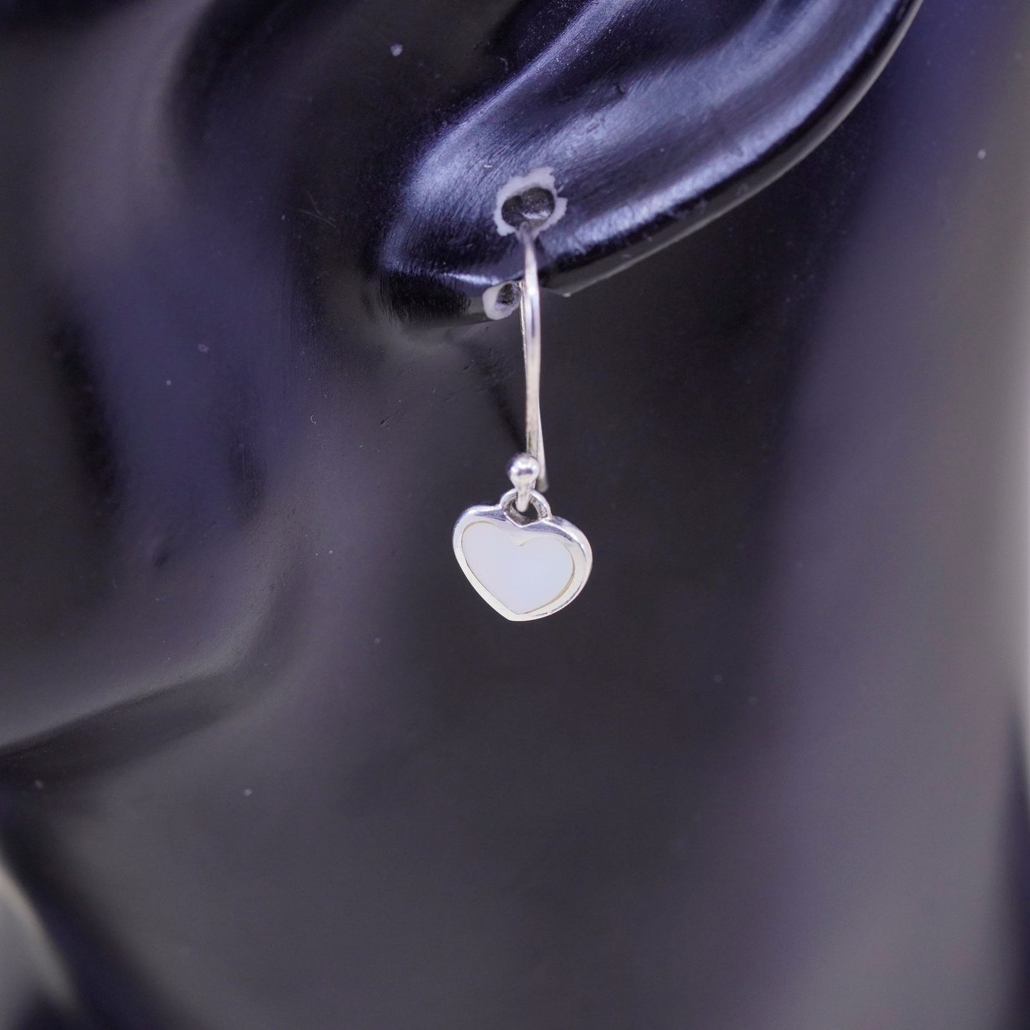 Vintage sterling 925 silver handmade earrings with heart white Mother of pearl