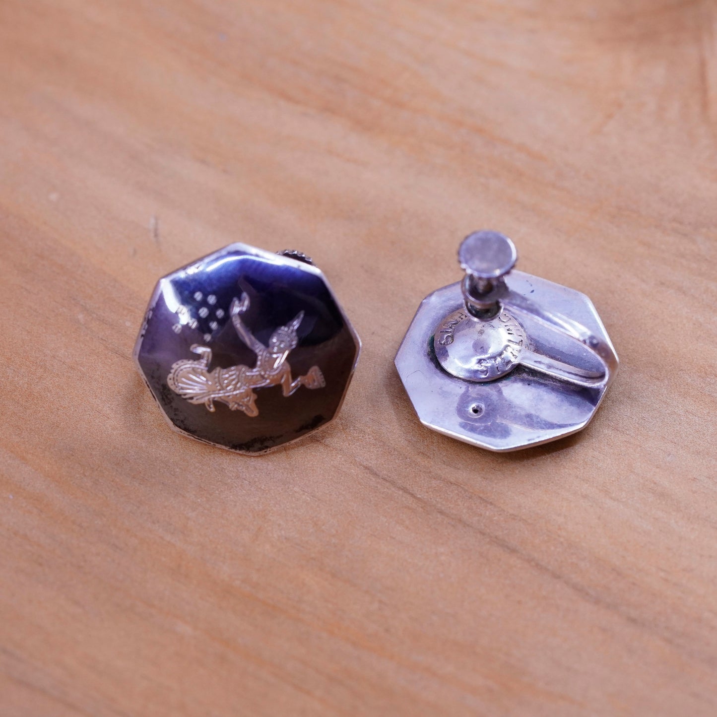 Siam sterling silver clip on earrings, 925 teardrop earrings, niello Siam
