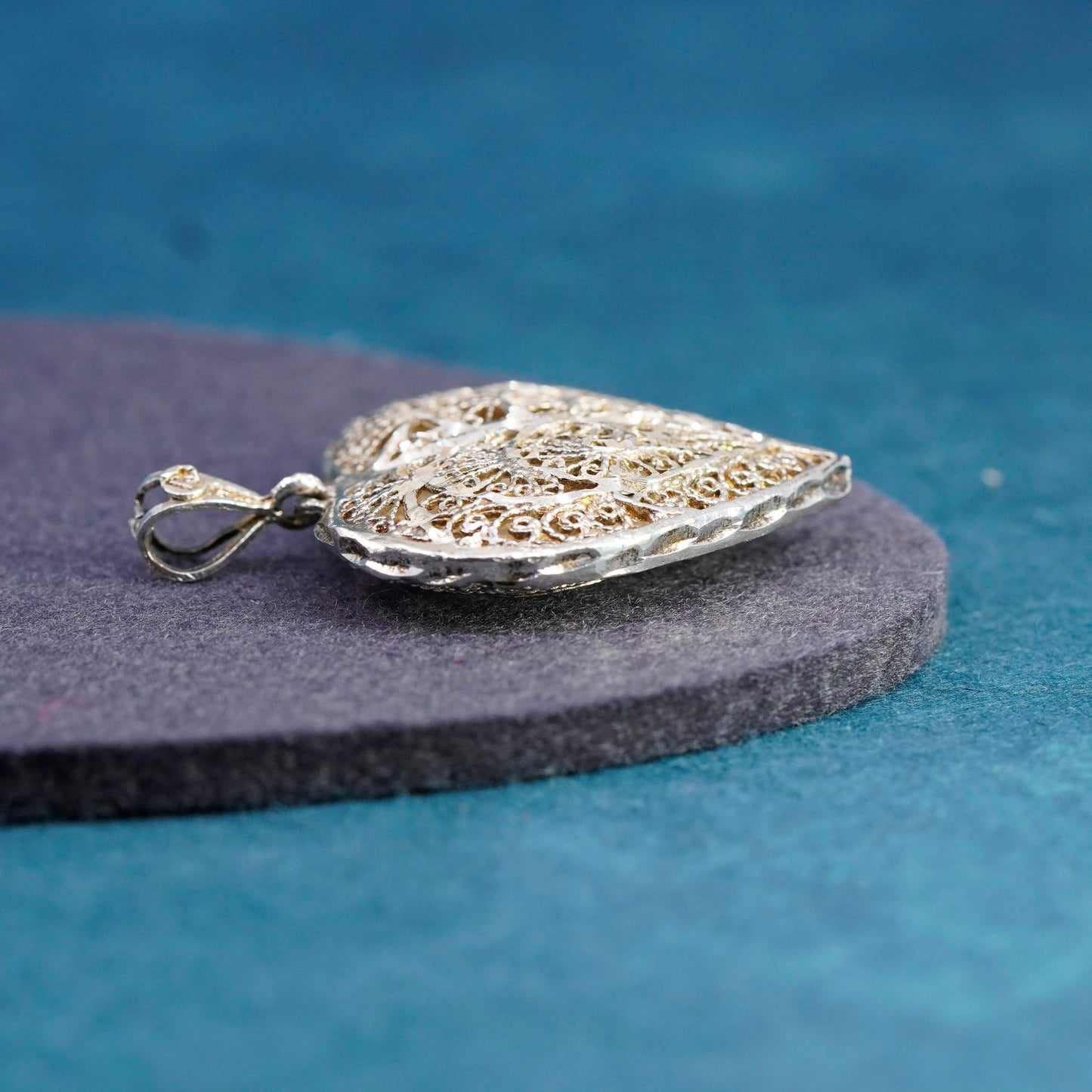 Vintage Sterling silver handmade pendant, 925 puffy filigree heart