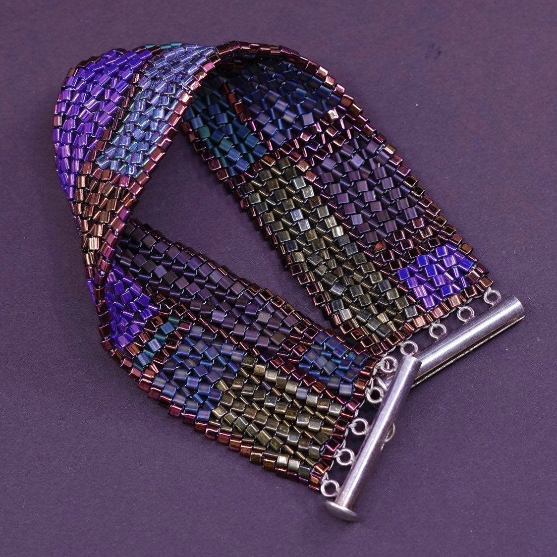 7”, 1960s sterling silver handmade bracelet, 925 clasp w/ metallic bead