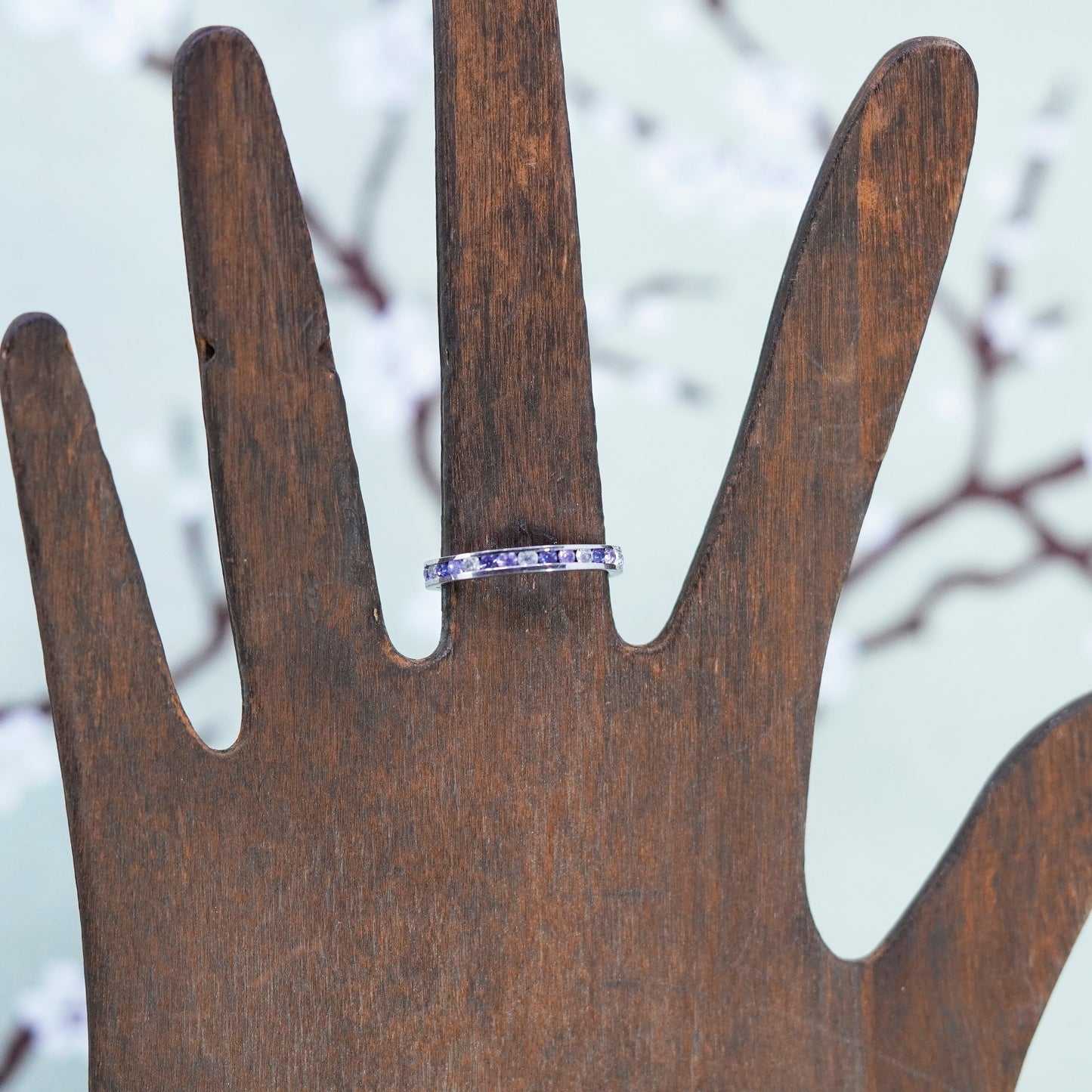 Size 7, Sterling 925 silver stackable ring, stackable band with blue clear CZ