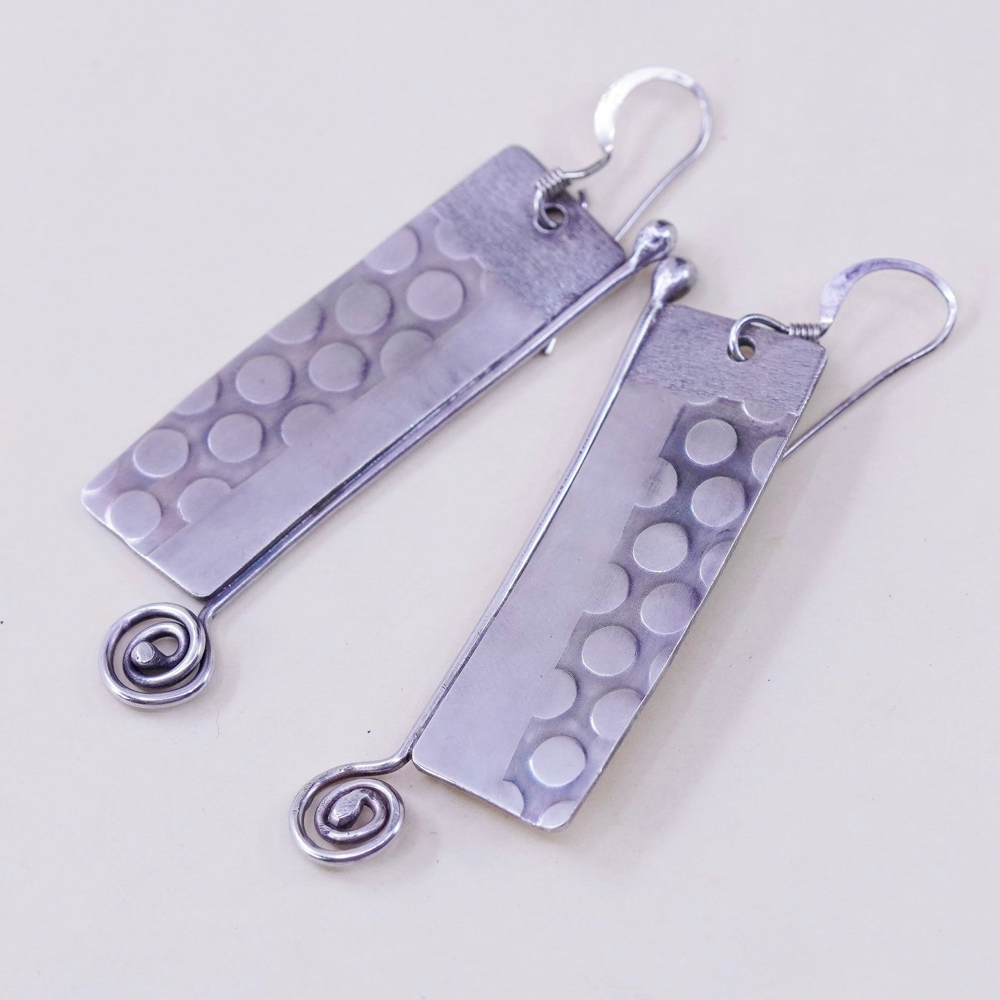 Vintage modern sterling silver handmade earrings, 925 swirl disc w/ dots