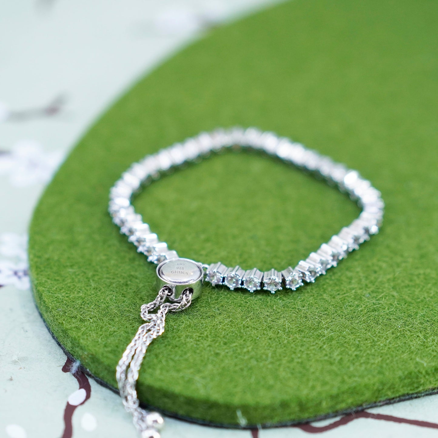 Size adjustable, Vintage sterling silver bracelet, 925 box chain white topaz