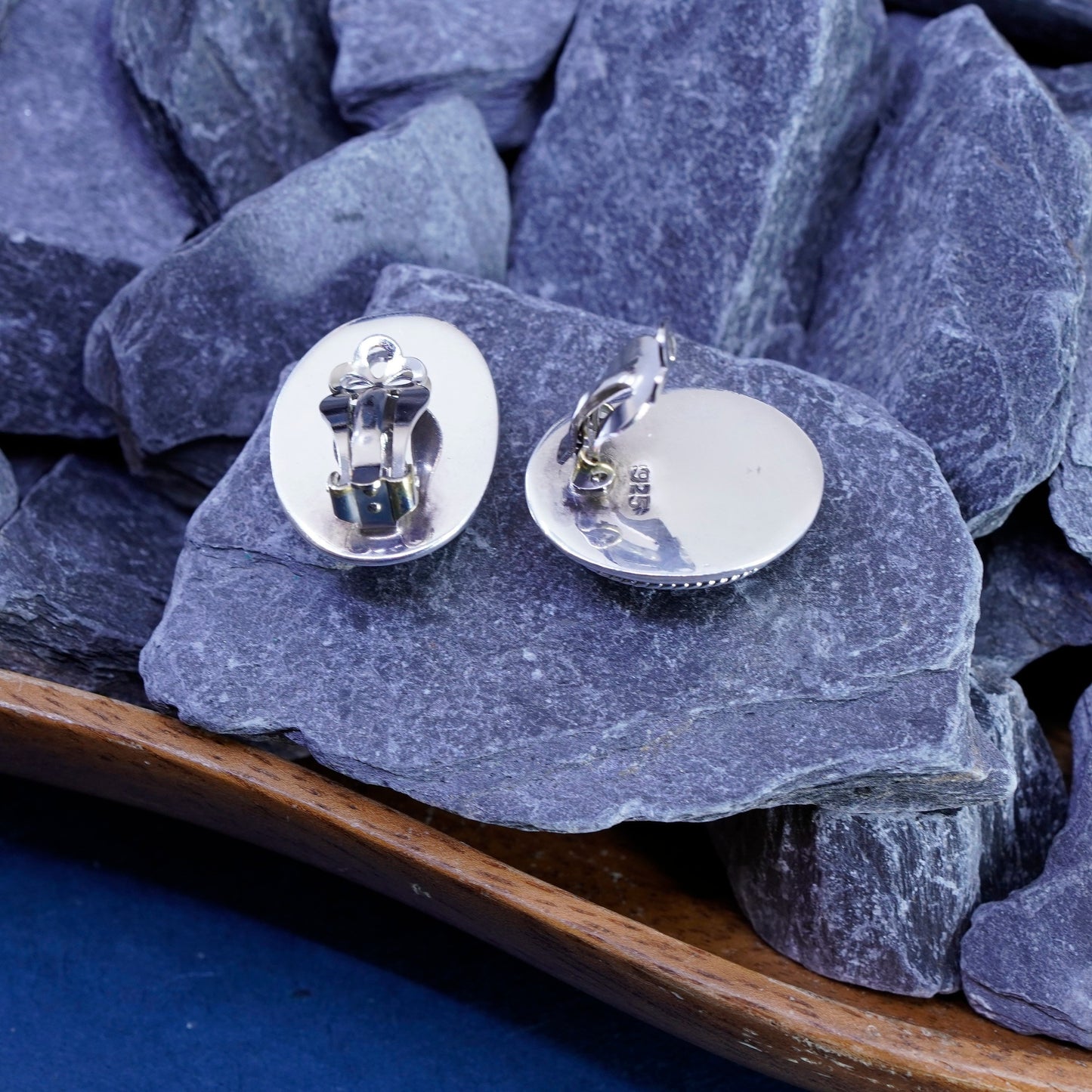 vtg Mexico sterling 925 silver handmade clip on earrings oval hematite vines