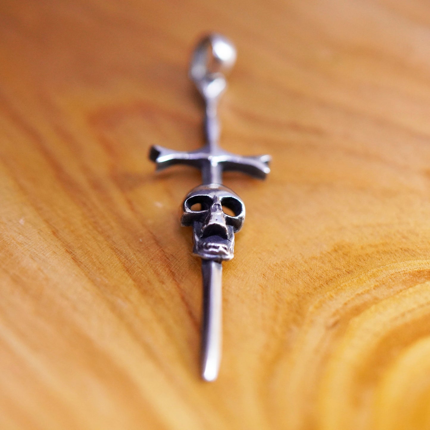 Vintage Sterling silver handmade pendant, 925 cross sword with skull