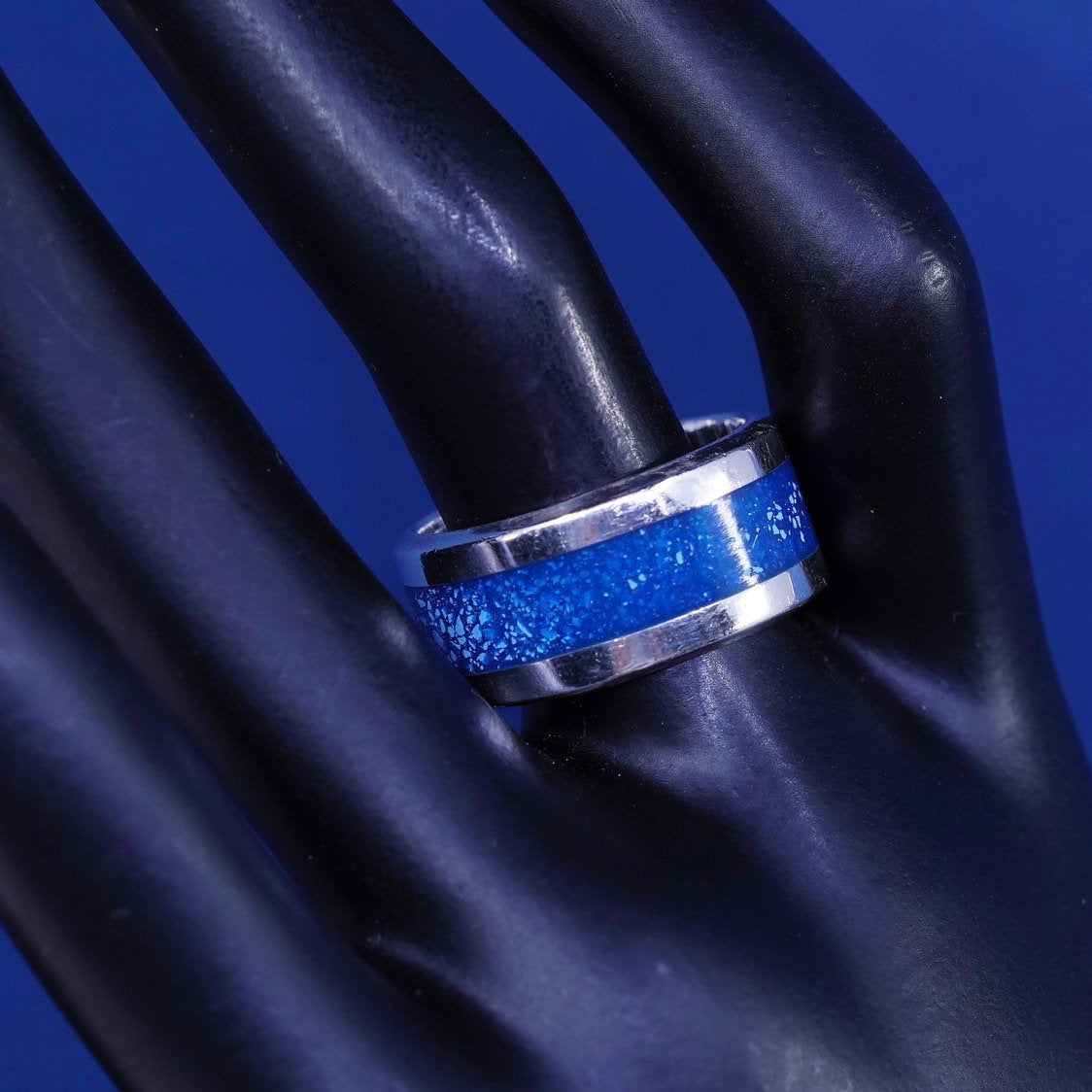 sz 9, vtg sterling silver handmade ring, 925 band w/ Lapis lazuli