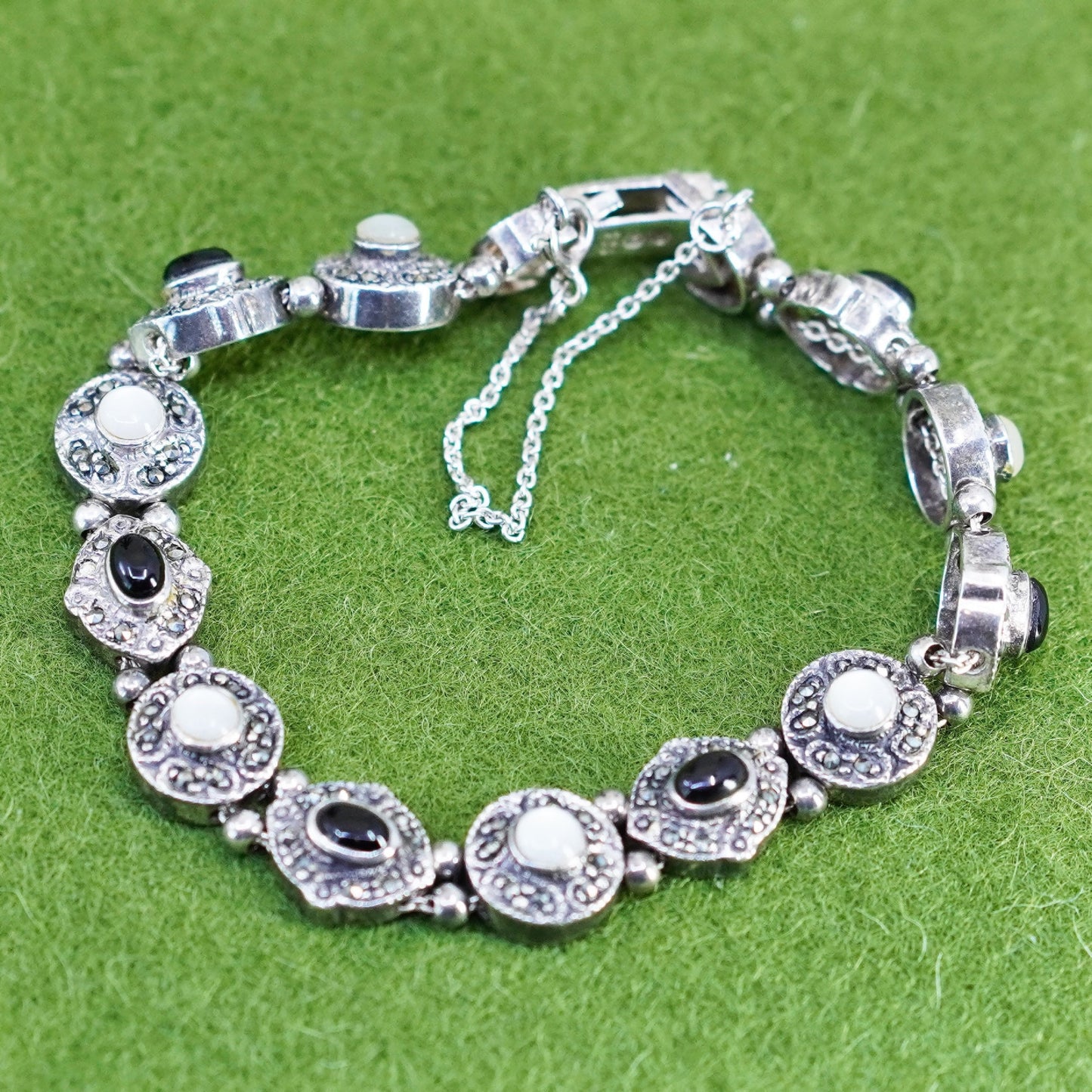7”, Sterling 925 Silver chain, tennis Bracelet with marcasite onyx moonstone