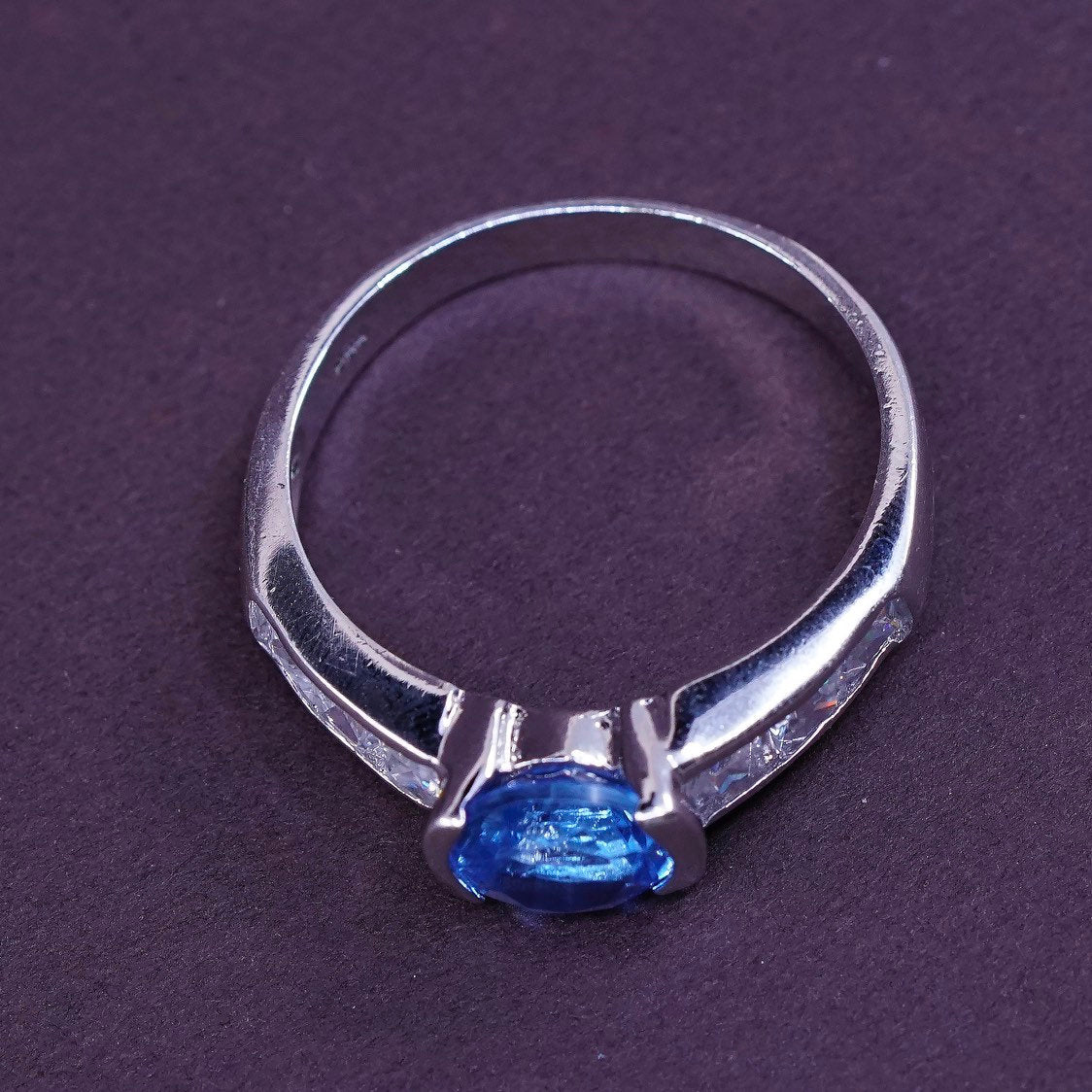 Size 9.5, vtg Sterling silver engagement ring, solid 925 w/ blue topaz and cz