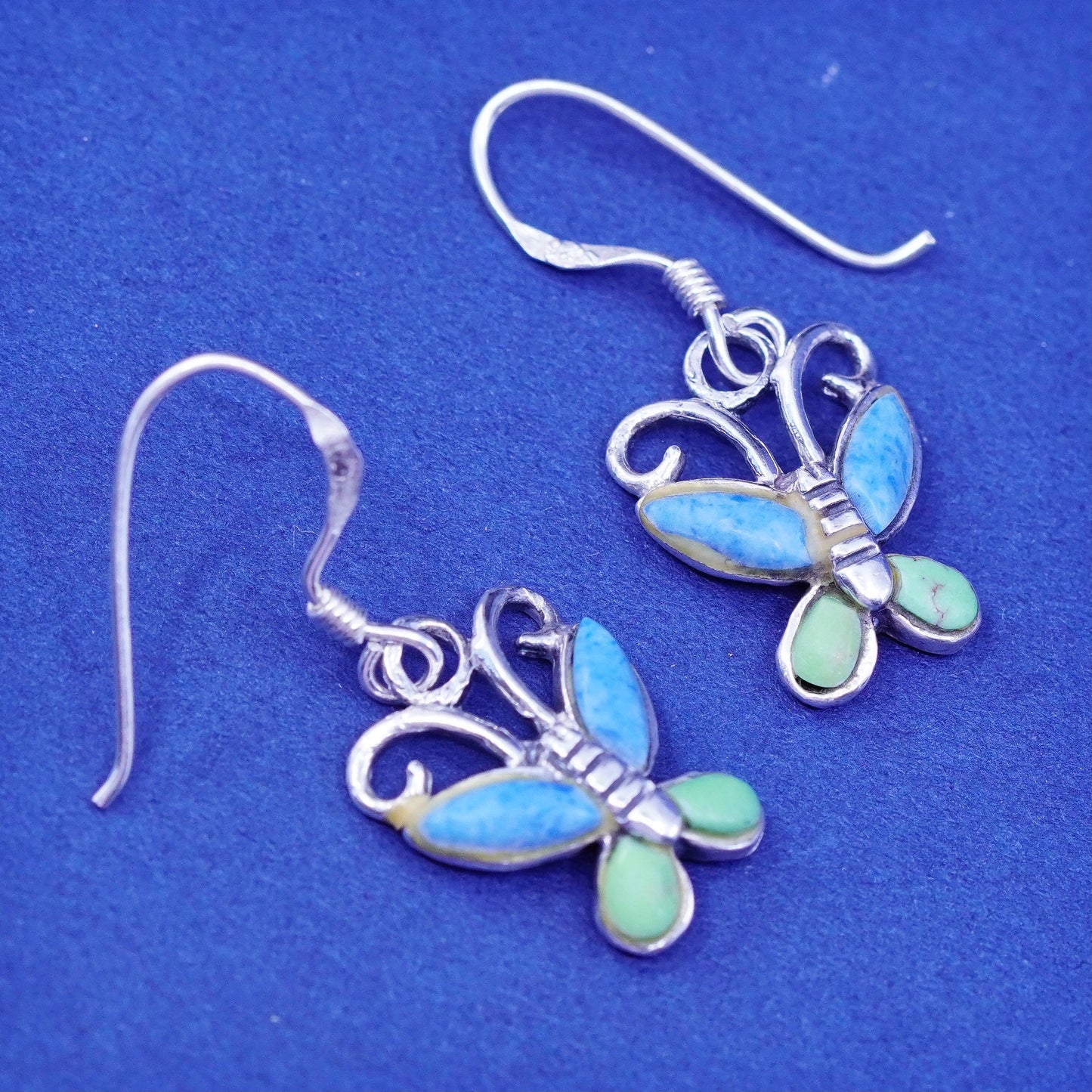 Vintage Sterling silver handmade dangles, 925 butterfly earrings with turquoise