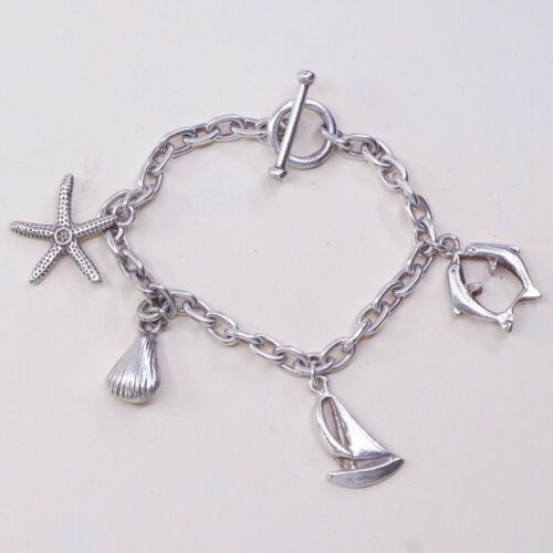6.75” Sterling 925 Silver Handmade Bracelet, Starfish Shell Boat Dolphin charms
