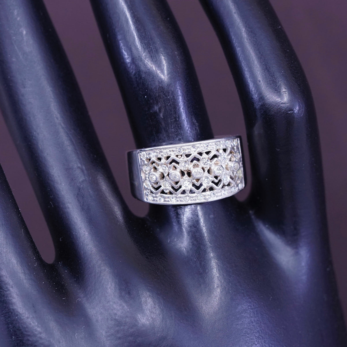 Size 7, vintage Sterling silver engagement ring, 925 band with cluster Cz